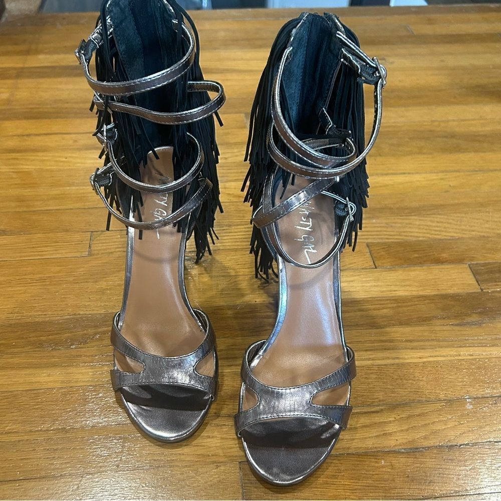 Nasty Gal String Your Heart Out Fringe Tassel Pewter Silver Stiletto Heels - Picture 2 of 9